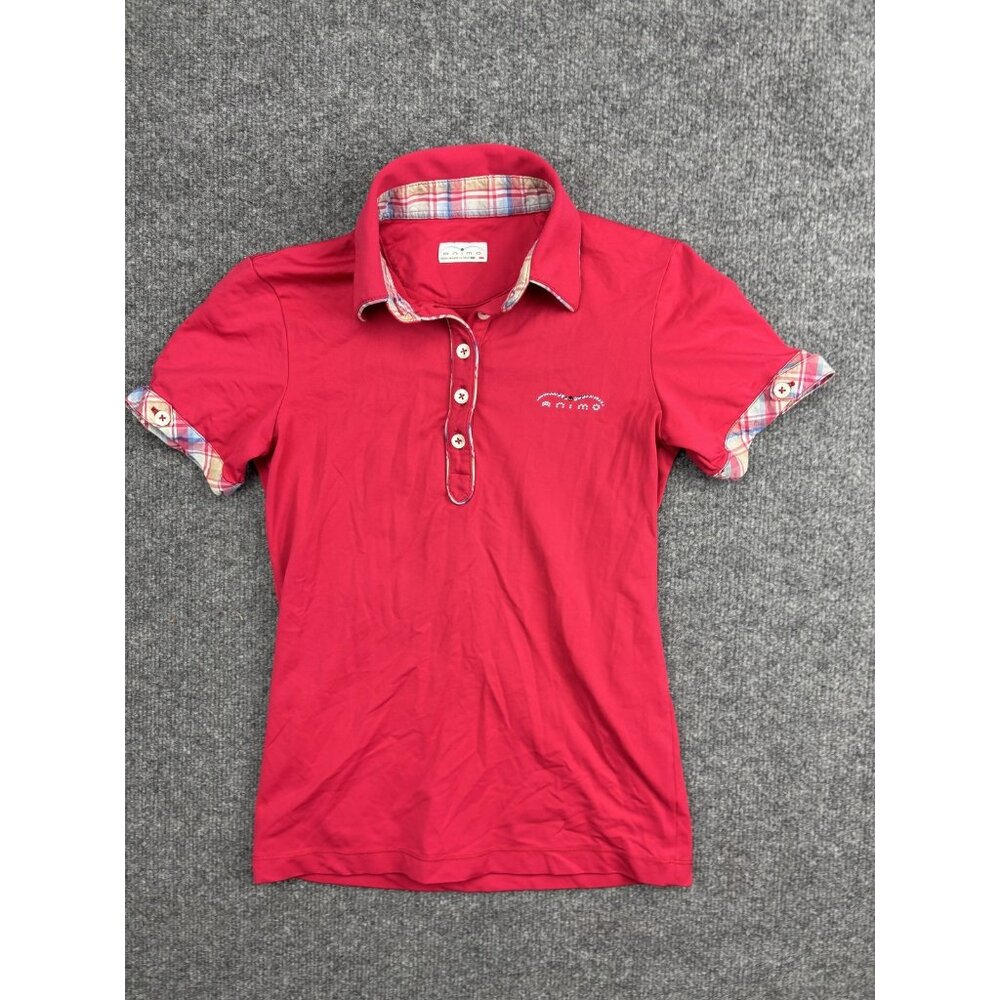 Animo Polo Shirt Womens Extra Small Red Plaid Trim Rhinestone Logo Made Italy